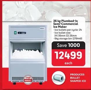 Sno Master 26 kg Plumbed-In Semi-Commercial Ice Maker - Ice bullets per cycle: 24 - Ice bullet size: (H) 36mm (D) 26mm - 6kg storage bin (27848)