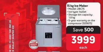 Snomaster 15 kg Ice Maker - Model: ZBC15, Ice type: bullet, Storage bin capacity: 1.8 kg, 5-year warranty on the compressor (505675)