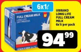 U Brand Long Life Full Cream Milk 6x1L per pack