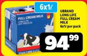 Ubrand Long Life Full Cream Milk 6X1L