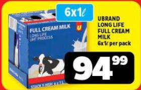 Ubrand Long Life Full Cream Milk 6X1L