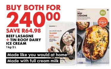 BEEF LASAGNE + TIN ROOF DAIRY ICE CREAM 1kg/2L