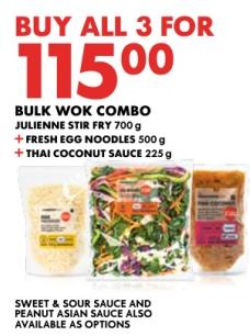 Bulk Wok Combo including Julienne Stir Fry 700 g, Fresh Egg Noodles 500 g, and Thai Coconut Sauce 225 g.