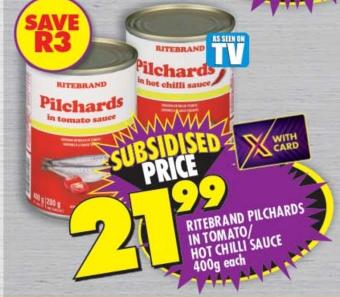 Ritebrand Pilchards in Tomato/Hot Chilli Sauce 400g Each