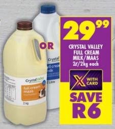 Crystal Valley Full Cream Milk/Maas 2L /2Kg