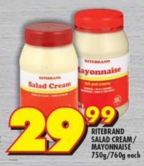 RITEBRAND Salad Cream/Mayonnaise 750g/760g Each