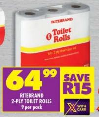 RITEBRAND 2-PLY TOILET ROLLS 9 Per Pack