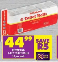 RITEBRAND 1-PLY TOILET ROLLS 10 per pack