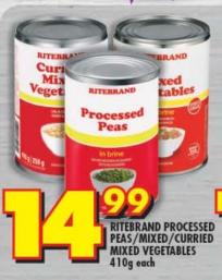 RITEBRAND PROCESSED PEAS/MIXED/CURRIED MIXED VEGETABLES 410g