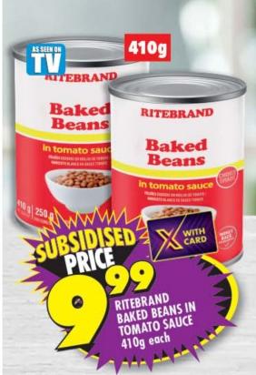 RITEBRAND BAKED BEANS IN TOMATO SAUCE 410g each