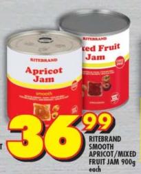 RITEBRAND SMOOTH APRICOT/MIXED FRUIT JAM 900g Each