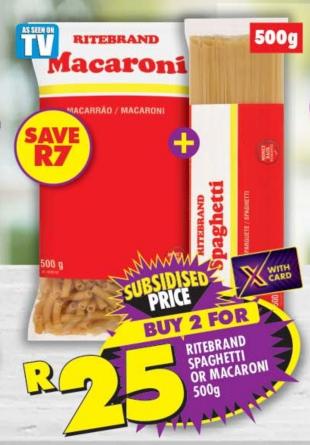 RITEBRAND SPAGHETTI OR MACARONI 500g each