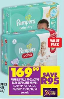 Pampers Value Pack Active BABY DISPOSABLE NAPPIES 36/42/45/50/58/68/ 76/PANTS 35/40/46/52 per pack