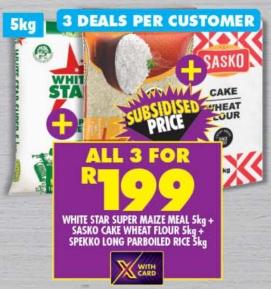 WHITE STAR SUPER MAIZE MEAL Sky+ SASKO CAKE WHEAT FLOUR 5kg + SPEKKO LONG PARBOILED RICE 5kg