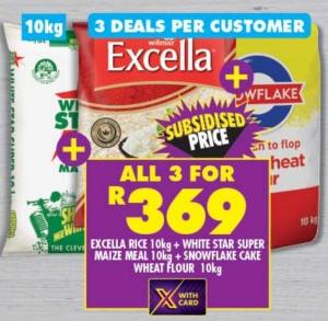 EVEXCELLA RICE 10kg + WHITE STAR SUPER MAIZE MEAL 10kg + SNOWFLAKE CAKE WHEAT FLOUR 10kg