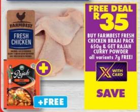 BUY FARMBEST FRESH CHICKEN BRAAI PACK 650g & GET RAJAH CURRY POWDER all variants 79 FREE!