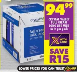 Crystal Valley Full Cream Long Life Milk 6x1ltr per pack