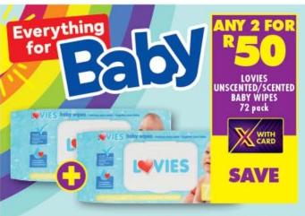 Lovies unscented/scented baby wipes 72 peck