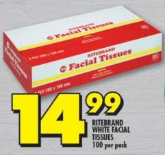 RITEBRAND WHITE FACIAL TISSUES 100 Per pack