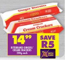 RITEBRAND GINGER/CREAM CRACKERS 200g