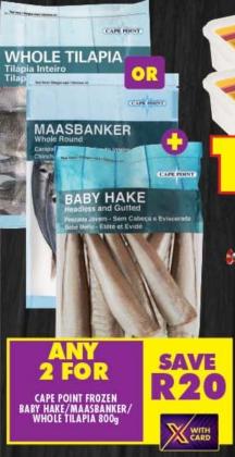 CAPE POINT FROZEN BABY HAKE/MAASBANKER/ WHOLE TILAPIA 800G