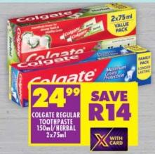 Colgate Regular Toothpaste 150ml/Herbal 2x75ml Value Pack