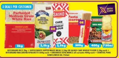 RITEBRAND Rice 2kg, Super White Super Maize Meal 2.5kg or Sasko Cake Wheat Flour 2.5kg, +Ritebrand Macaroni/ Spaghetti 500g+ Knorrox Soy mince 400g+ Sunfoil Pure Sunflower Oil 750ml