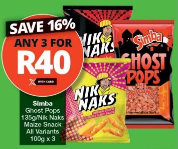 Simba Ghost Pops Maize Snack, 135g / Nik Naks, All Variants