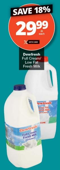 Dewfresh Full Cream/Low Fat Fresh Milk 2ltr