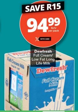 Dewfresh Full Cream/ Low Fat Long Life Milk 6x1ltr