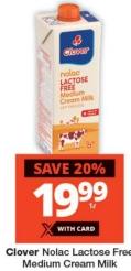 Clover Nolac Lactose Free Medium Cream Milk 1ltr