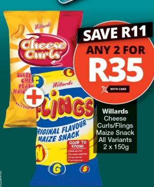 Willard's Cheese Curls/Flings Maize Snack 2x150g