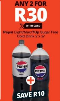 Pepsi Light/Max/7Up Sugar Free Cold Drink 2x2Ltr