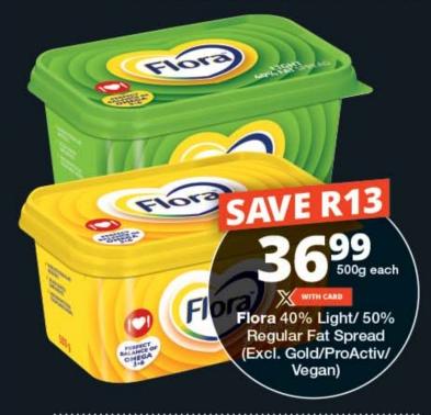 Flora 40% Light/50% Regular Fat Spread (Excl. Gold/ProActiv/Vegan) 500gm