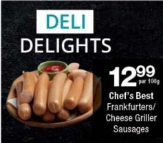 Chef's Best Frankfurters/Cheese Griller Sausages 100gm 