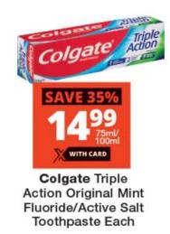 Colgate Triple Action Original Mint Fluoride/Active Salt Toothpaste 75ml/100ml