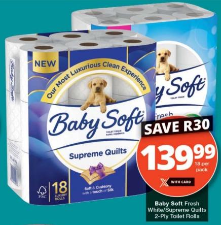 Baby Soft Fresh White/Supreme Quilts 2-Ply Toilet Rolls