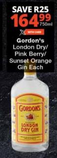 Gordon's London Dry Gin/ Pink Berry/ Sunset Orange Gin Each