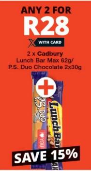 2 x Cadbury Lunch Bar Max 62g / P.S. Duo Chocolate 2x30gm