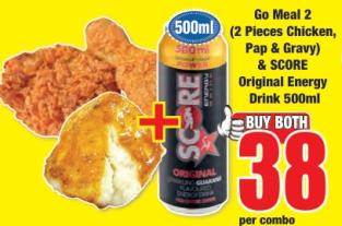 Go Meal 2 (2 Pieces Chicken, Pap & Gravy) & SCORE Original Energy Drink 500ml