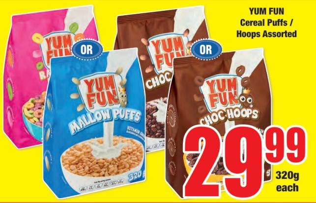 YUM FUN Cereal Puffs / Hoops Assorted 320gm