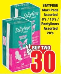 STAYFREE Maxi Pads Assorted 8's / 10's / Pantyliners Assorted 20's