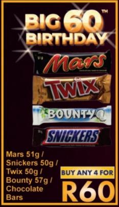 Mars 51g/Snickers 50g/Twix 50g/Bounty 57g/Choclate Bars Any 4