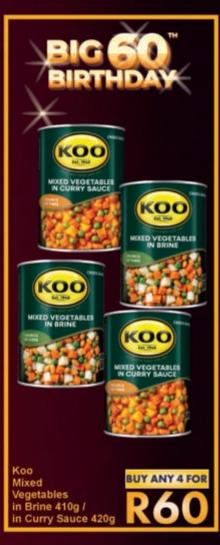 Koo Mixed Vegetables in Brine 410g and in Curry Sauce 420g