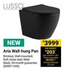 Aria Wall-hung Pan - Rimless; Wall-mounted; Soft close seat; Matt black; 24-month guarantee