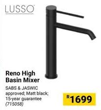 Reno High Basin Mixer; SABS & JASWIC approved; Matt black; 15-year guarantee