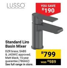 Standard Liro Basin Mixer; DZR brass; SABS & JASWIC approved; Matt black; 15-year guarantee.