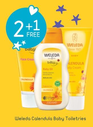 2+1 Free Weleda Calendula Baby Toiletries including Face Cream, Baby Oil, and Body Cream