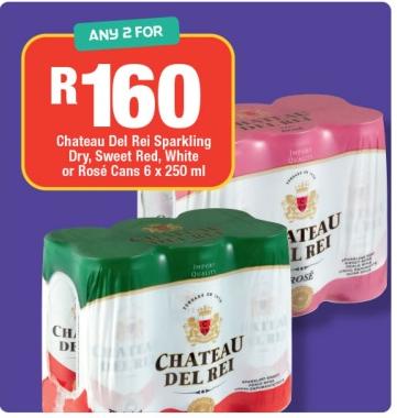 Any 2 Chateau Del Rei Sparkling Dry, Sweet Red, White or Rosé Cans 6x250ml