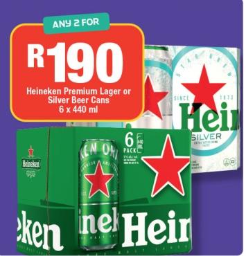 Any 2 Heineken Premium Lager or Silver Beer Cans 6x440ml